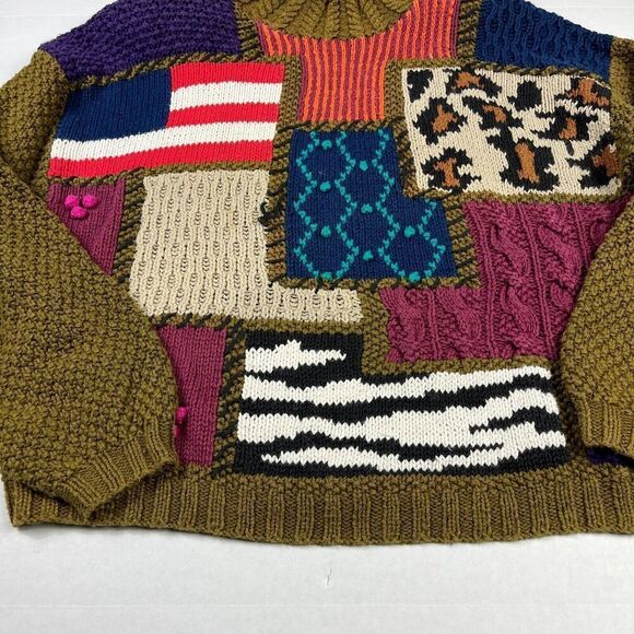 Outlander Patchwork Mock Neck Sweater Cable Knit Kitsch Vintage Size MEDIUM FLAW - Picture 2 of 10